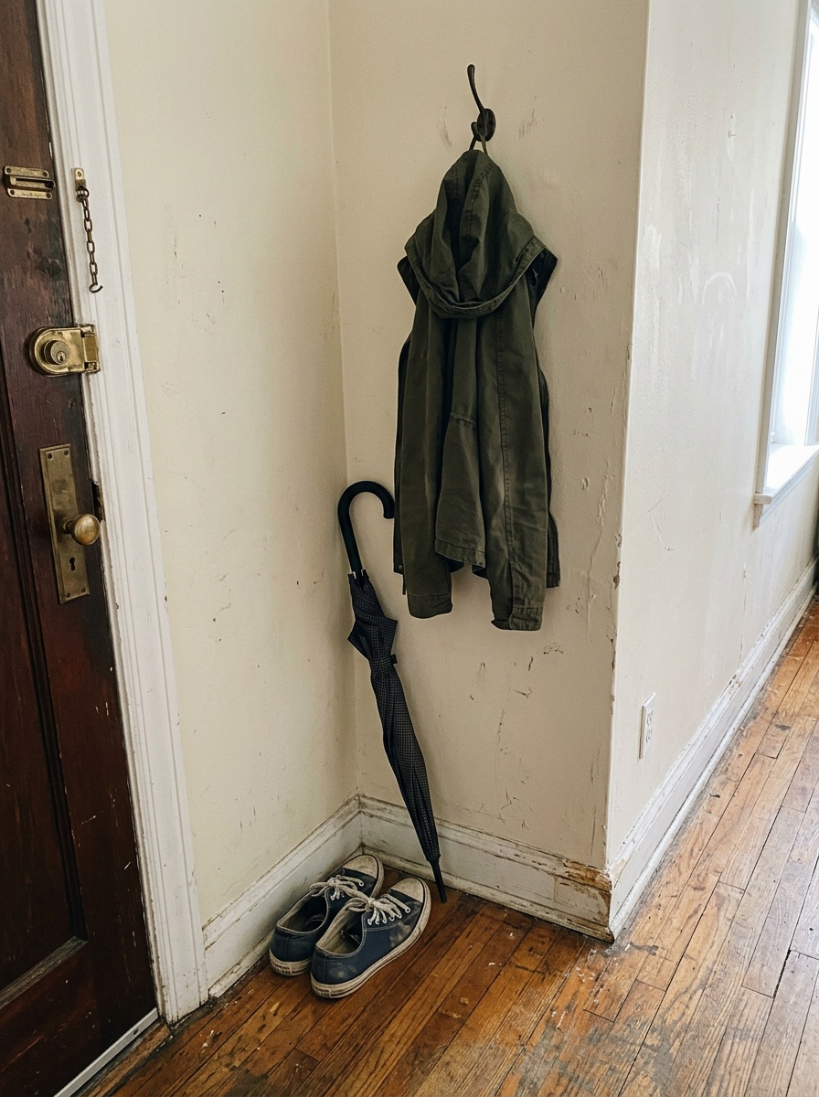 An awkward apartment corner with mismatched shoes and an unused gap between the radiator and the wall.