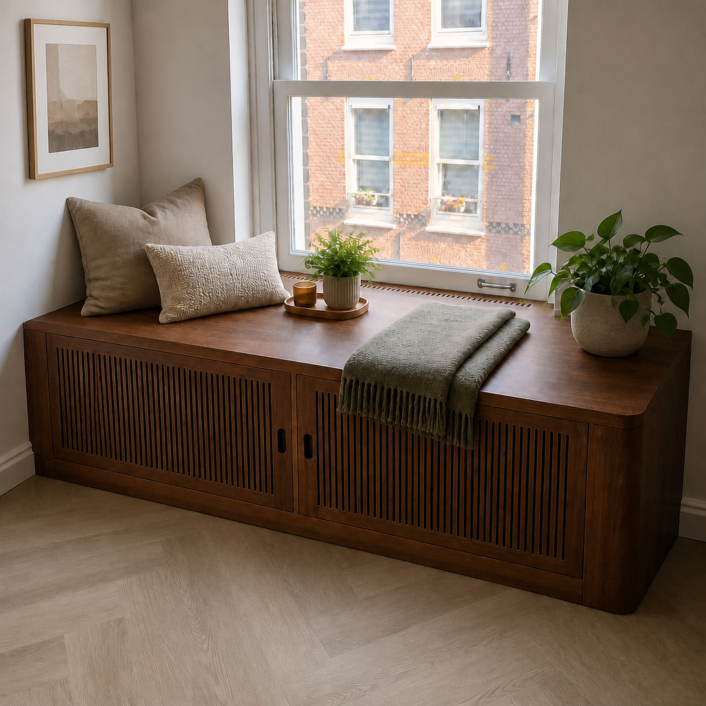 Custom sitting nook with a fitted bench, warm wood, plants, and storage